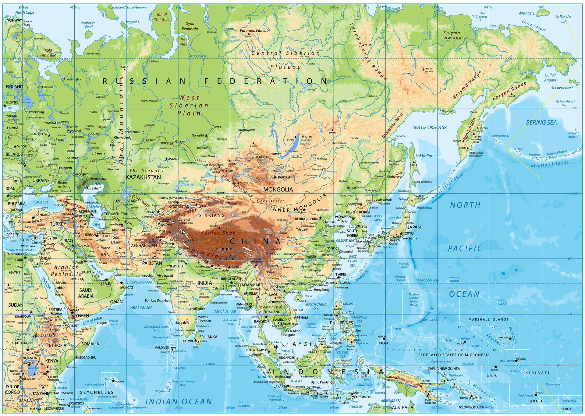 Asia Physical Map with Rivers and Lakes